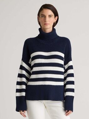 Quince 100% Organic Cotton Split Hem Turtleneck Sweater Navy White Stripe XS